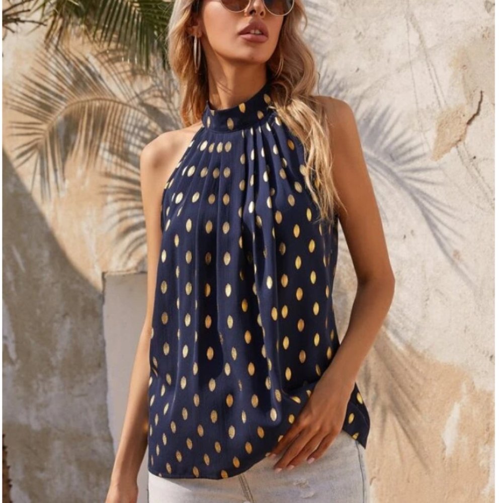 Polka Dot Gilding Print Pleated Detail Halter Top 8/10
